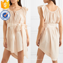 Beige Cap manches asymétrique ourlet plissé Mini robe d&#39;été avec ceinture Fabrication en gros Fashion femmes vêtements (TA0279D)